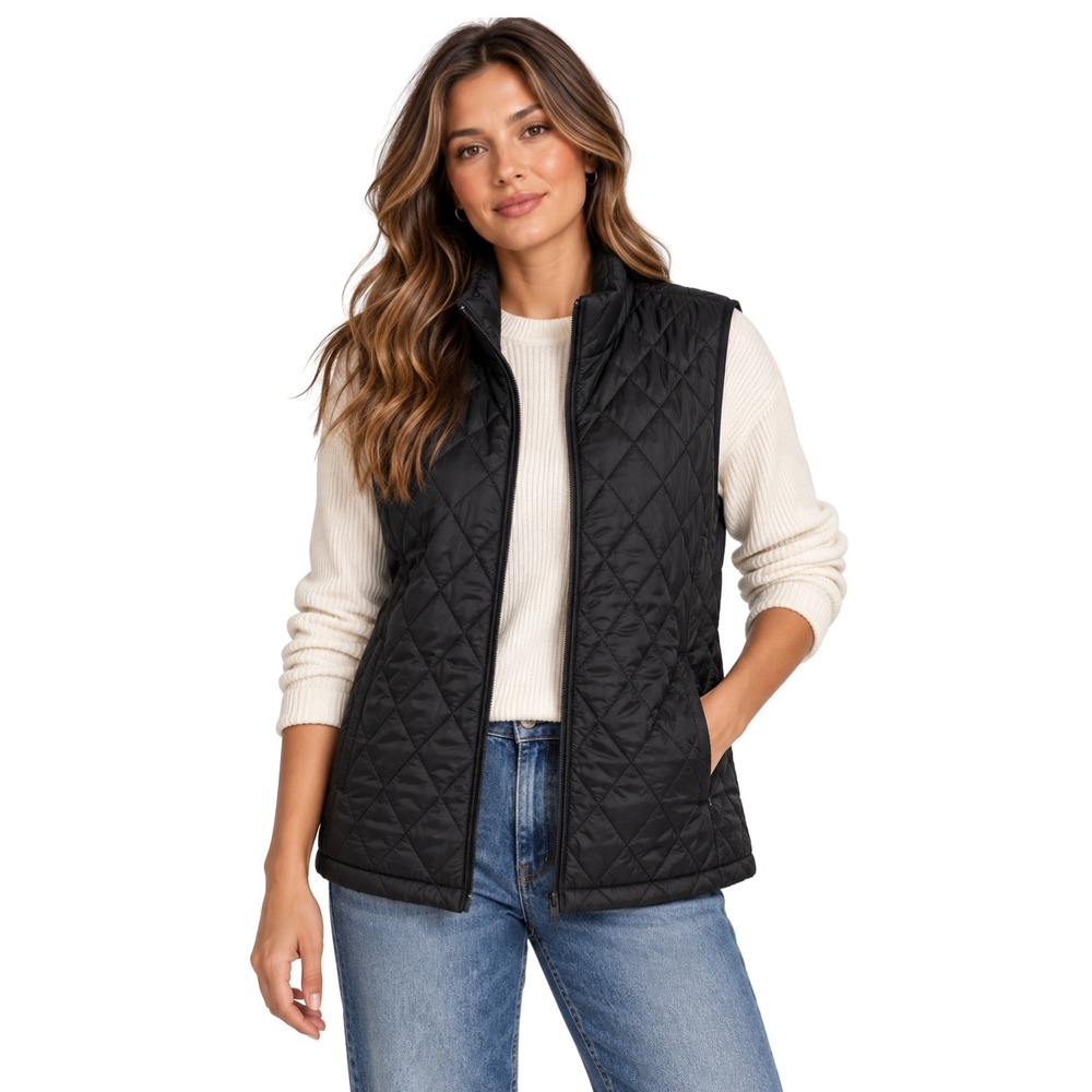 Lands End Vest Womens XL Black Diamond Quilted Full Zip Mock Hiking Outdoor NEW